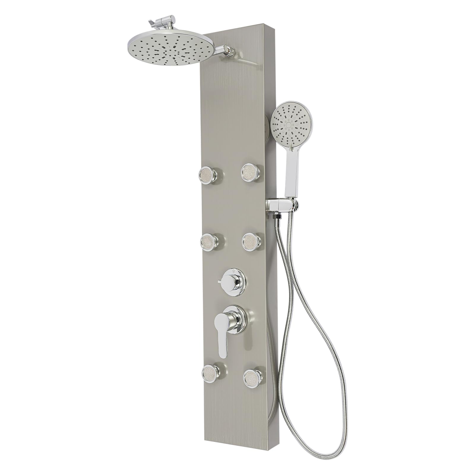 Panel prysznicowy z 6 regulowanymi dyszami do masażu 22 cm i 3-stopniową słuchawką prysznicową, kolumna prysznicowa ze stali nierdzewnej z wężem 1,5 m, zestaw paneli prysznicowych montowany na ścianie