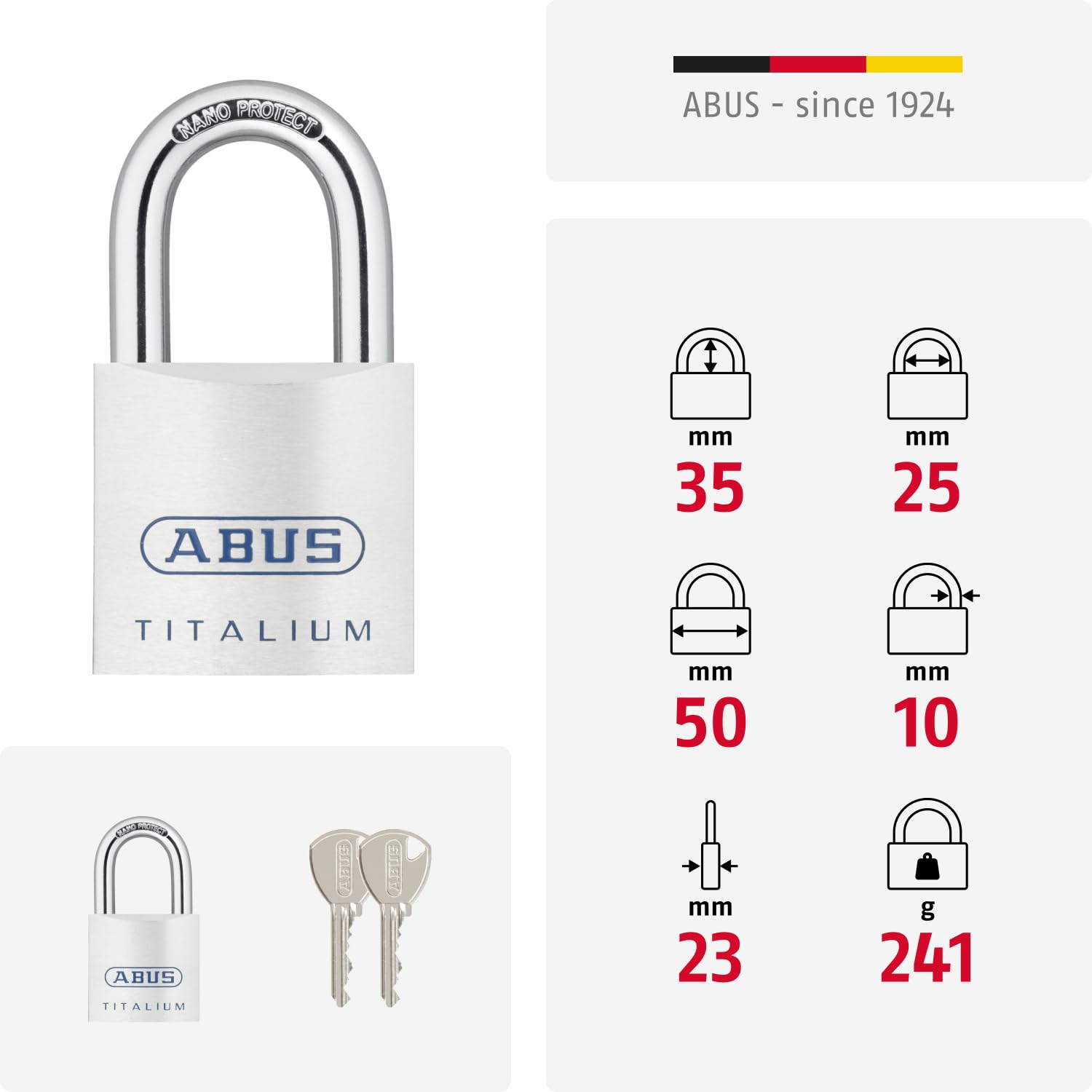 ABUS Titalium kłódka 80TI/50 - zamek do piwnicy z lekkim, masywnym korpusem zamka ze specjalnego aluminium - poziom bezpieczeństwa ABS 8 - srebrna
