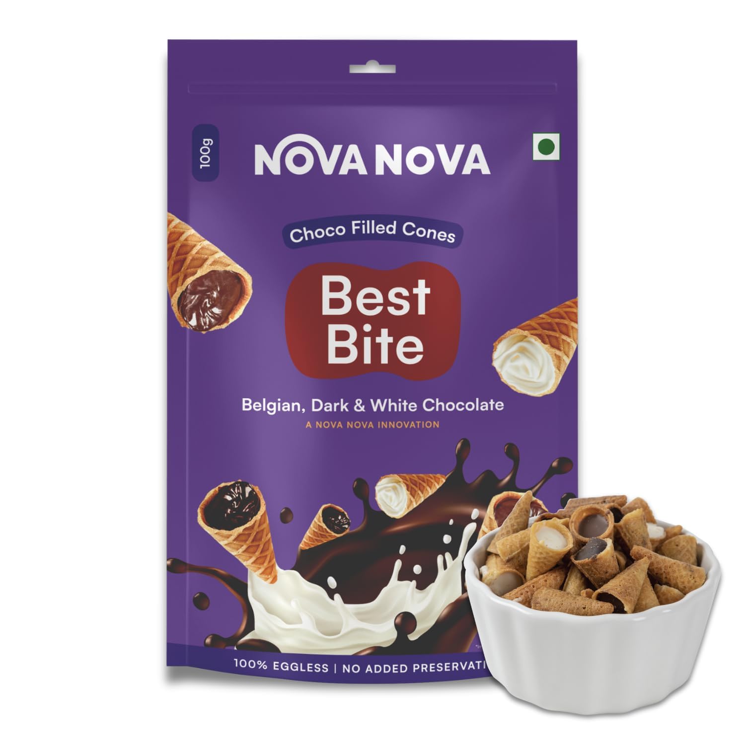 Nova Nova | Best Bites Choco Filled Cones | Classic Chocolate Flavours (Belgian, White & Dark Chocolate) - All in one pack (100g) | 100% Eggless