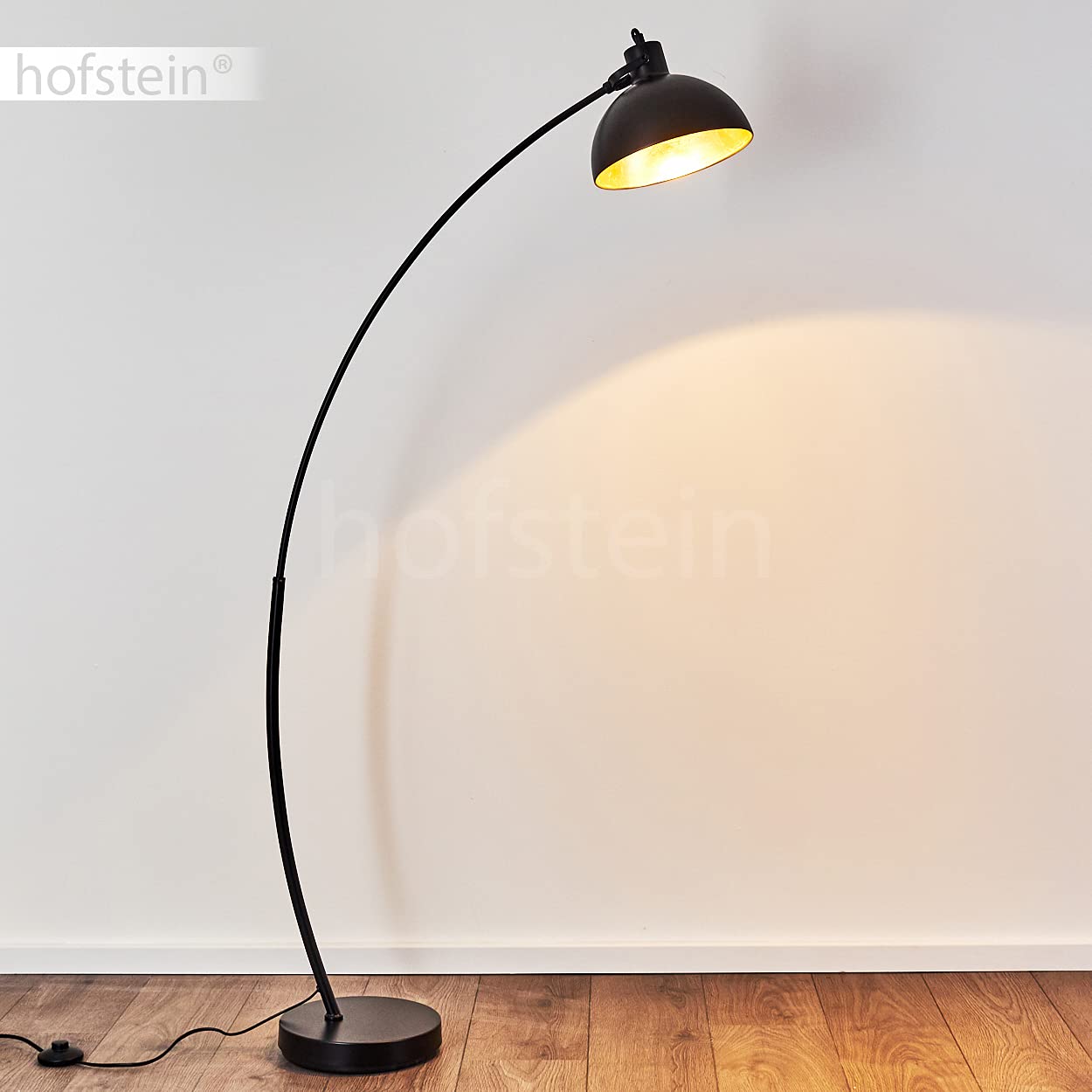 Stehlampe Parola, Vintage Stehleuchte mit Lampenschirm in Gold/Schwarz aus Metall, E27-Fassung, Bogenlampe im Retro-Design, mit Fußschalter am Kabel, ohne Leuchtmittel