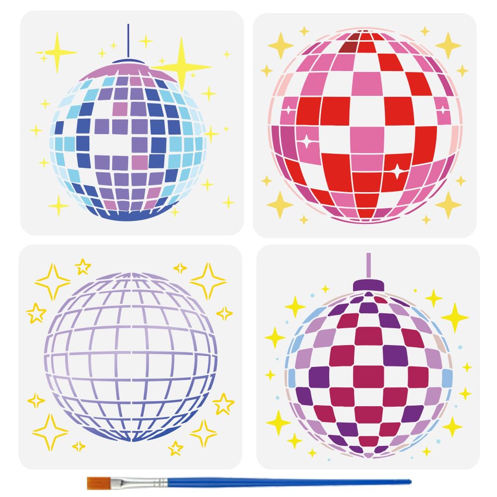 FINGERINSPIRE 4PCS Disco Ball Stencils with a Brush 15x15CM Retro 70s Party Sparkle Star Painting Stencil Cool Disco Ball Drawing Templates for Wall Floor Home Decor Creative Art Projects