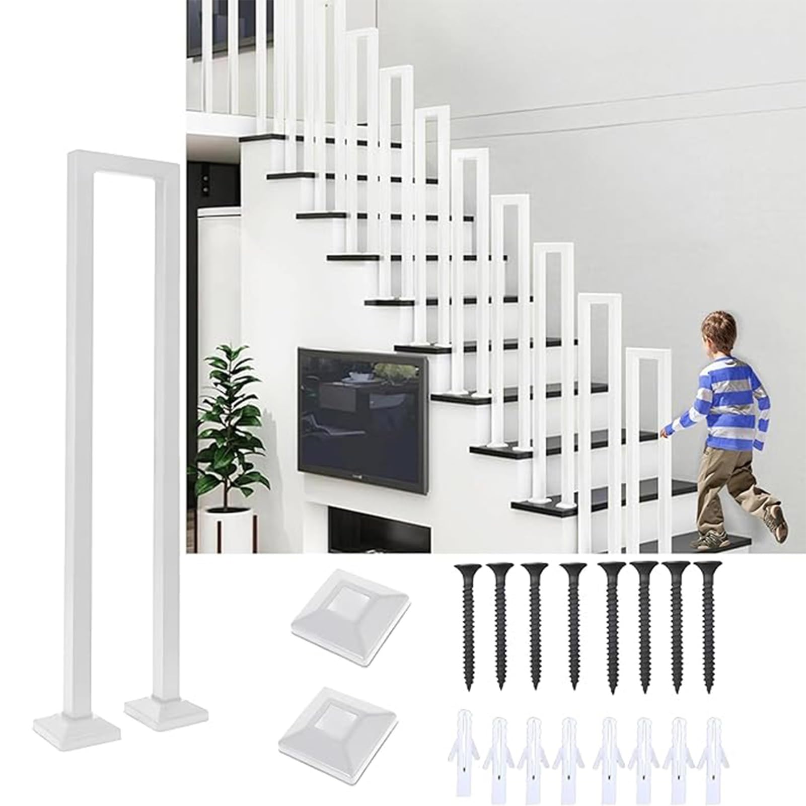 Oopdnegak U-White Hand Rails For Indoor Stairs, U-Shaped Stair Rail, Exterior Railing Stairs, Handrails For Outdoor Steps, For Stairs, Garden, House Entrance, Backyard, Balcony(,100Cm)