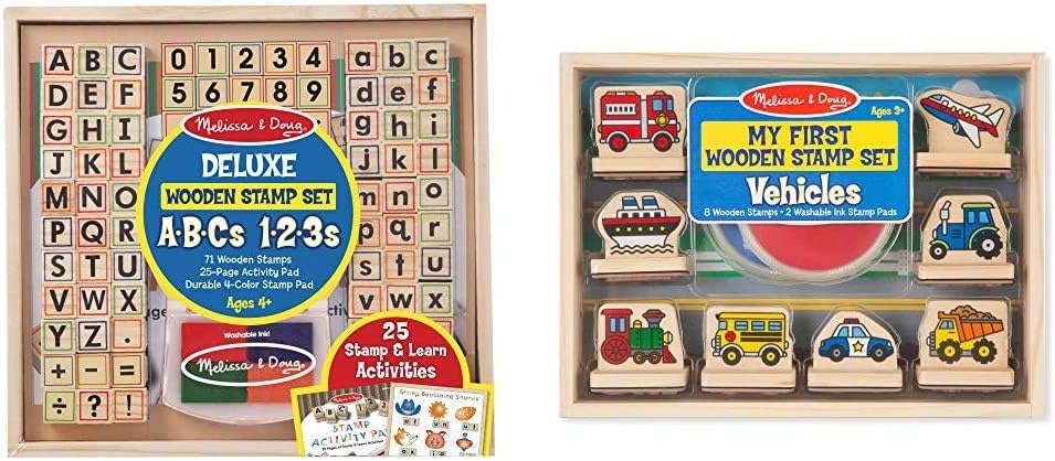 Melissa & Doug Deluxe Wooden Stamp Set ABCs 123s & First Wooden Stamp Set – Vehicles