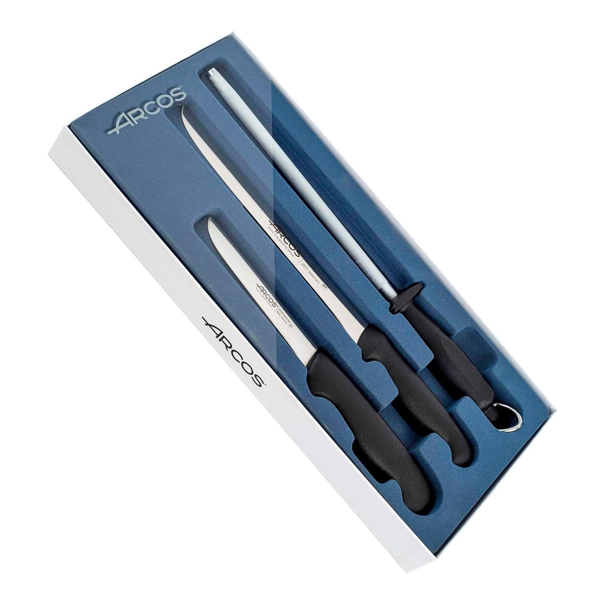 Arcos Set Jamonero 3 Pièces - Couteau à Jambon, Désosseur, Fusil à Aiguiser avec Étui - Acier Inoxydable NITRUM, Manche Ergonomique - Série 2900