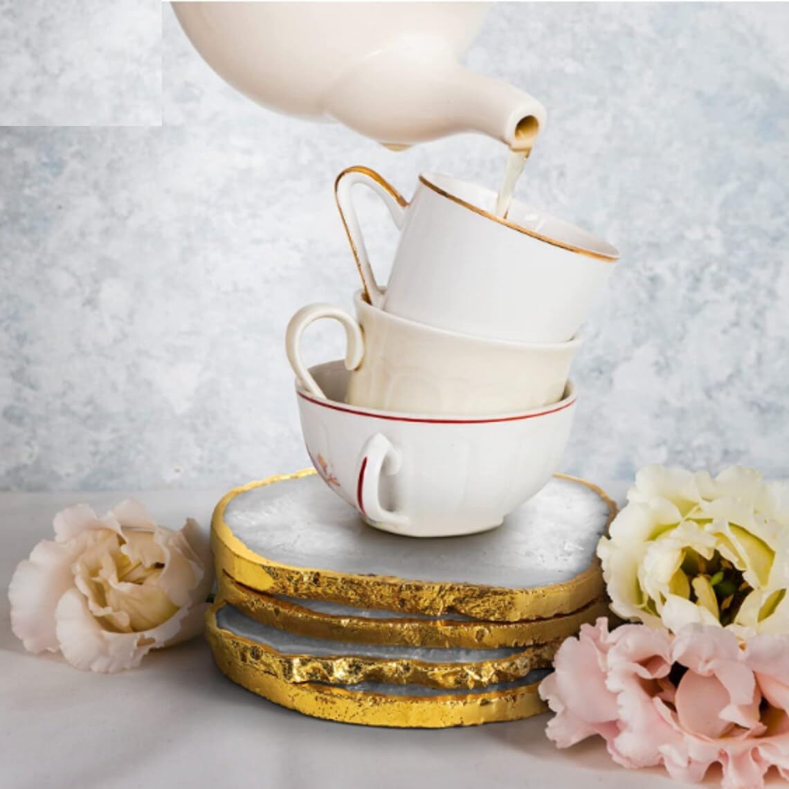 White Agate Coasters with Gold Edge – Set of 4 Natural Sliced Agate Stone Coasters (4–5 Inch) Decorative White Crystal Coasters for Drinks, Home Decor & Gifting