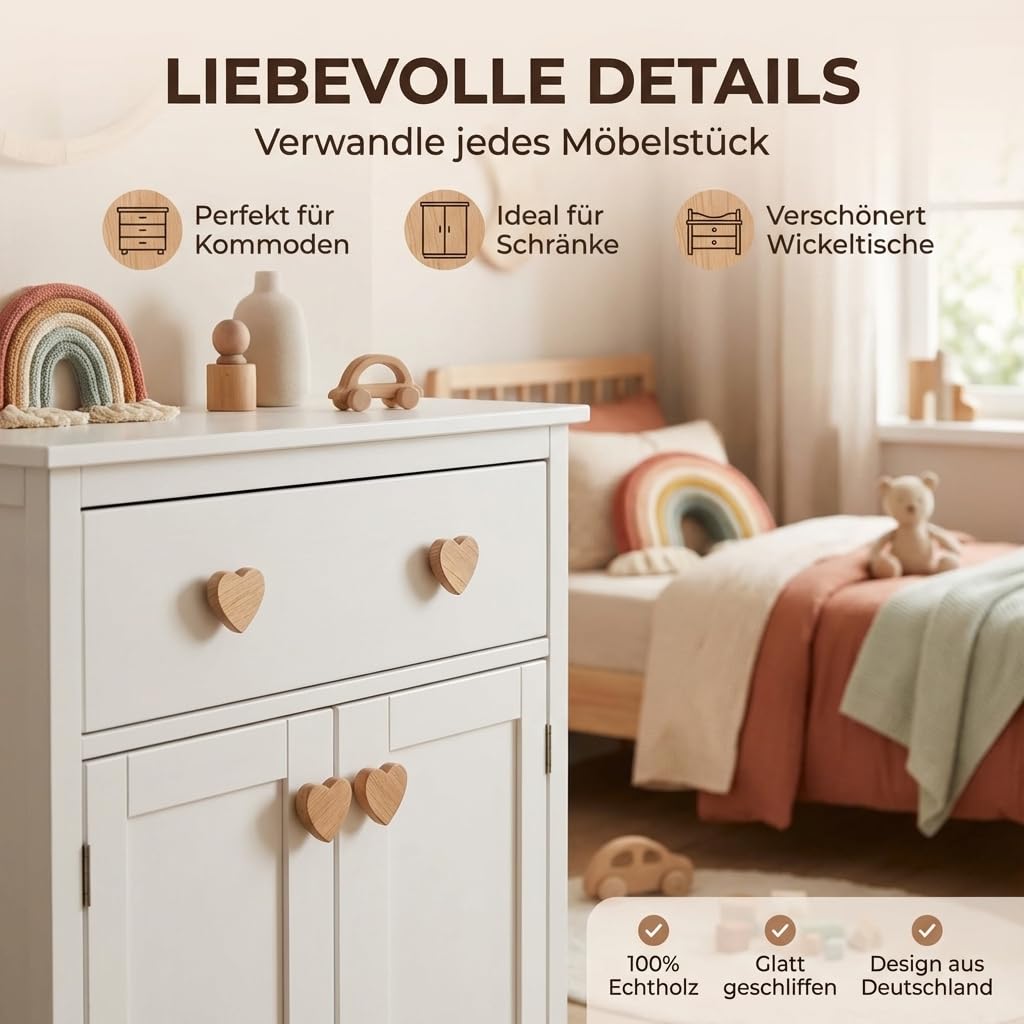 Lot de 12 boutons de meuble en bois - En forme de cœur - Pour enfants - Pour commodes