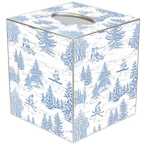 Ski Toile Blue on White Paper Mache Tissue Box Cover