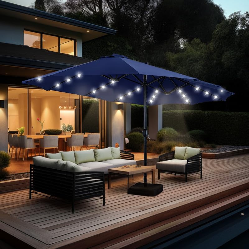 GREEN PARTY 15 ft Rectangle Patio Umbrella with Solar Lights and Base Included, Double-Sided Market Table Umbrella with Crank, Large Outdoor Umbrellas for Patio Poolside Garden Backyard, Navy Blue