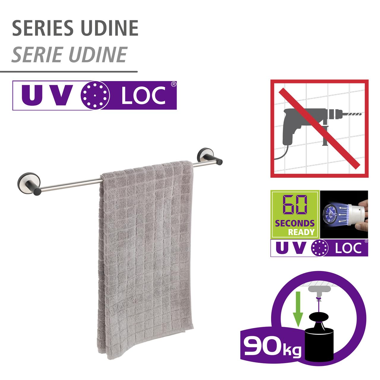 WENKO Toallero Uno Udine con UV-Loc®, soporte de pared para toallas de acero inoxidable cepillado y lacado en negro mate, fijación sin taladrar con sistema adhesivo UV-Loc®, 61 x 5 x 7 cm