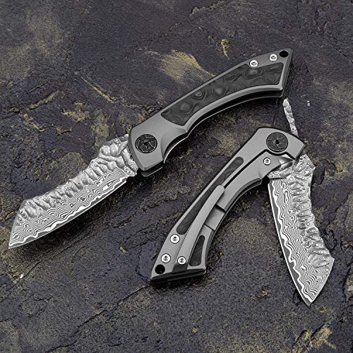Newootz Damascus Steel Higonokami Folding Pocket Knife With Leather Sheath,Handmade Japanese Vg10 Core 3In Blade,Frame Lock Titanium And Carbon Fiber Handle With Clip,Edc Knives For Men #TOP1
