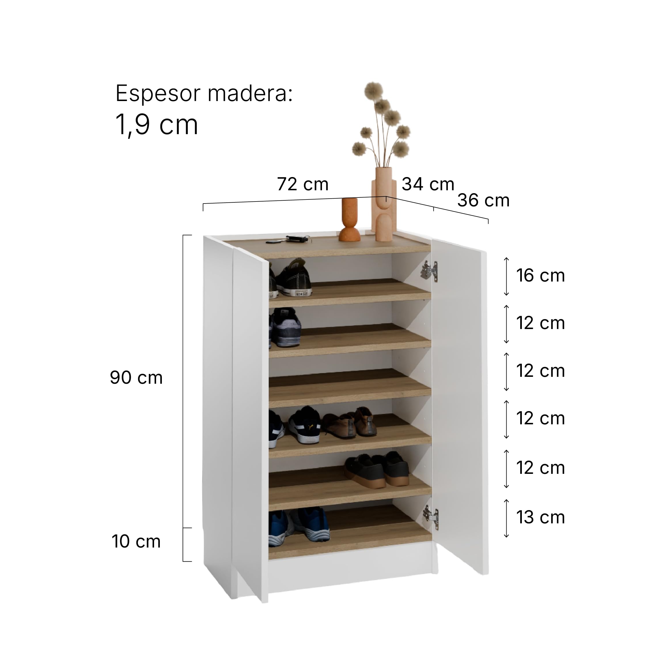 Zapatero Blanco Roble 100 x 72 x 34,1 cm, Armario Zapatero de Melamina 19 mm con 2 Puertas y Baldas Regulables para Entrada, Pasillo, Recibidor y Dormitorio