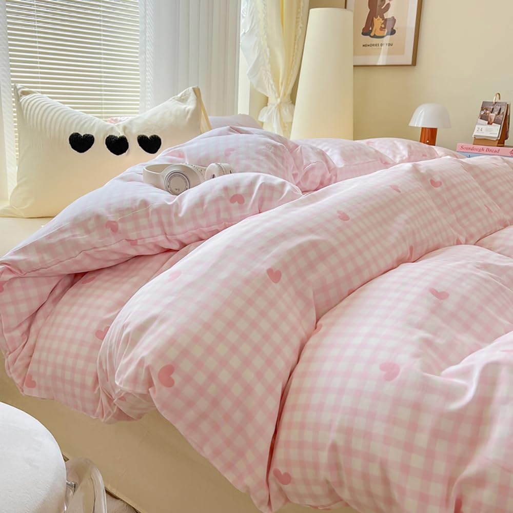 Covebett Pink Heart Duvet Cover Single Gingham Plaid Checkered Heart Print Kawaii Bedding Set Kids Girls Cute Love Microfiber Comforter Cover 135x200 cm with Zipper Closure and 1 Pillowcase 50x75 cm โ image 1