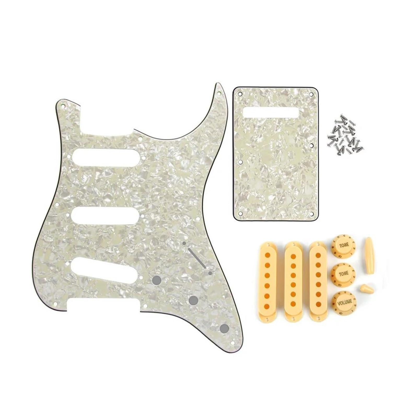maskownica do gitary elektrycznej Zestaw 8 otworów ST SSS do gitary Pickguard i płyta tylna z 48/50/52mm osłonami przetworników, gałkami do gitary, przełącznikami i końcówkami Whammy Bar(Aged Pearl)