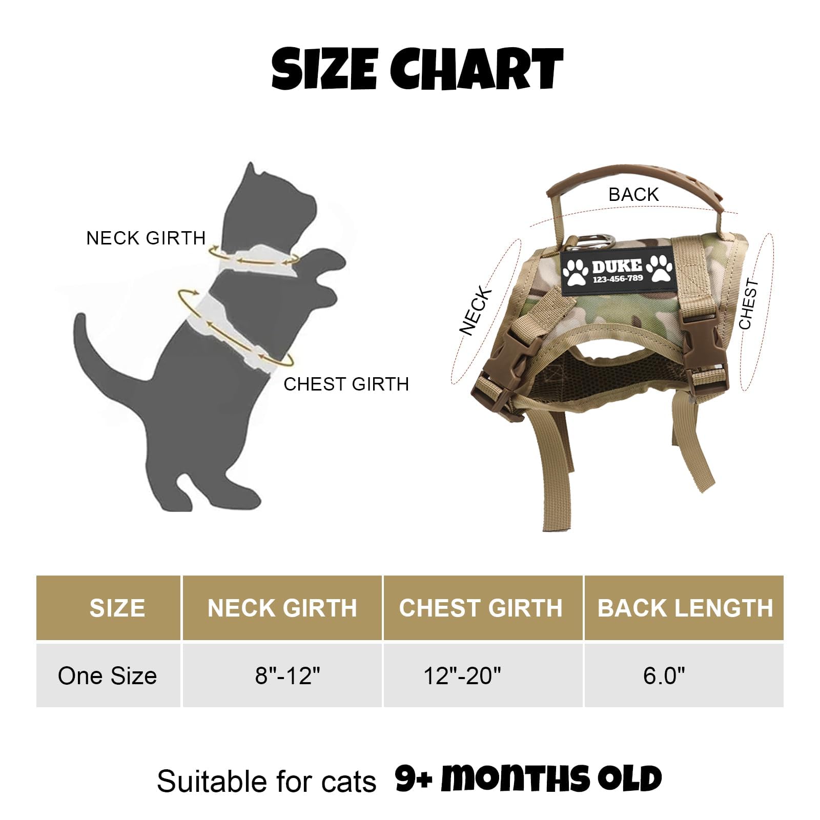 Pettorina tattica per gatti, a prova di fuga, per camminare, con toppe personalizzate, imbracatura regolabile per gatti da 3,6 a 9,1 kg, morbida gilet per gatti grandi con guinzaglio