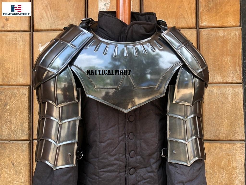 NauticalMart Blackened Pauldrons- LARP Shoulders & Gorget- Steel Berserk Armor