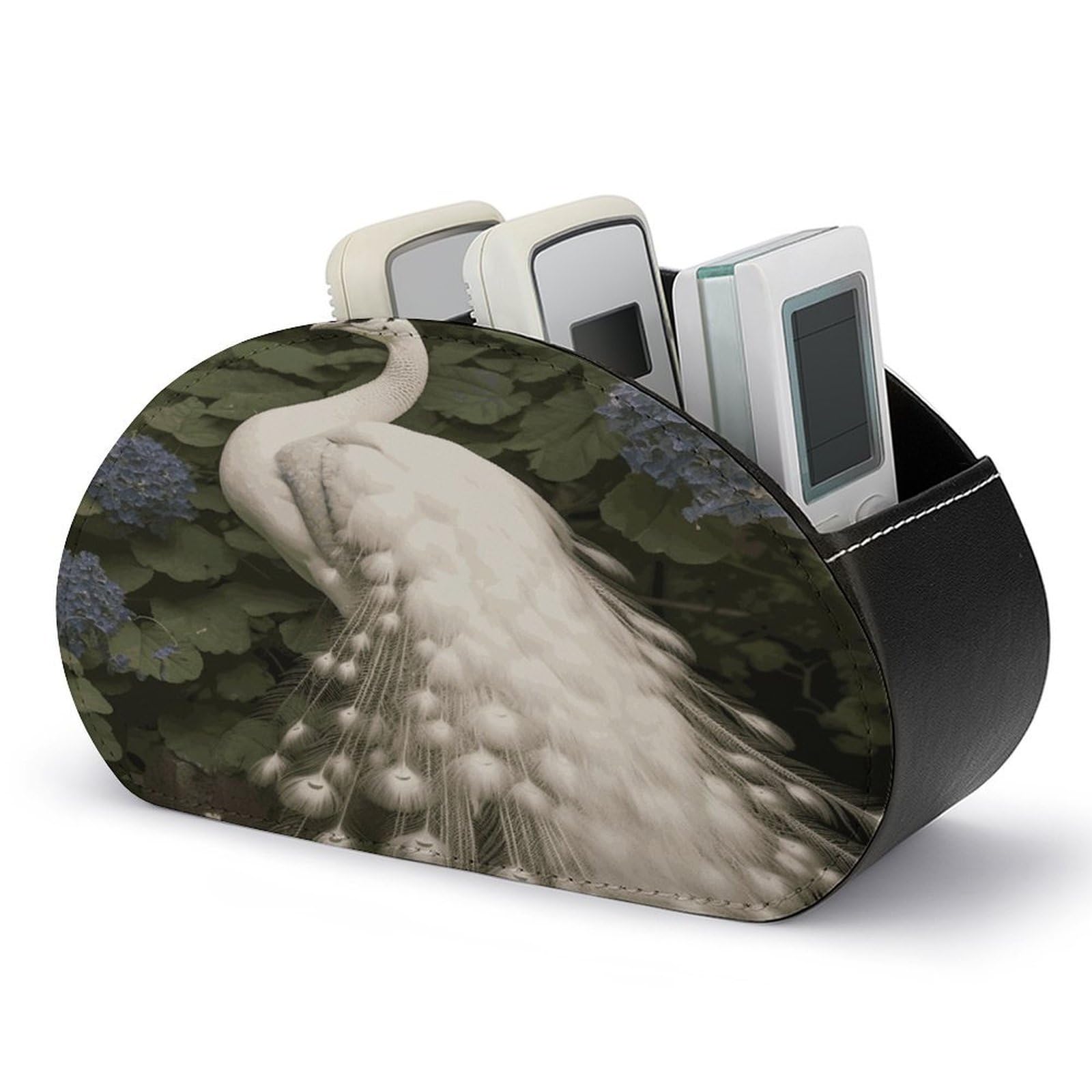 FekiLoot Leather Remote Control Holder with 5 Compartments White Peacock Remote Caddy Desktop Organizer Store TV Remote Holder Remote Organizer for Bedside Table Office Desk