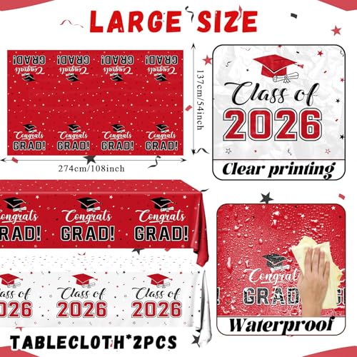 Image of 2026 Graduation Decorations,Congrats Grad Tablecloth 2pcs White Red Class of 2026 Table Covers Rectangle for Graduation Party Supplies,108x54inch(Red)