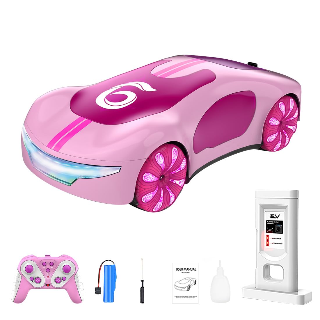 RC Drift Car 2,4 GHz, zdalna koncepcja nowej energii ze stacją ładującą i podwójnym wzmocnieniem natrysku – akrobacje 360°, 4 tryby oświetlenia, różowy gradient dla dorosłych, chłopców