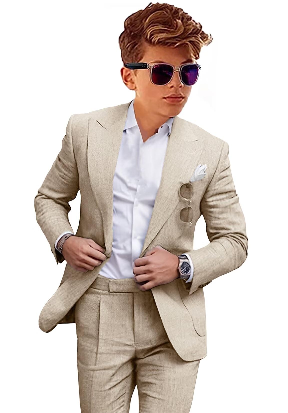 Boys Linen Suits Casual 2 Piece Summer Beach Wedding Tuxedo Suit for Boy Ring Bearer Outfit