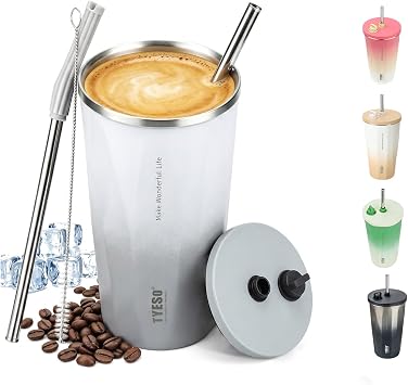 TYESO Stainless Steel Coffee Bottle, 20oz Wide Mouth Travel Coffee Cup with Straw, Vacuum Insulated Stainless Steel Tumbler, Hot & Cold Thermal Mug for Home Office Outdoor, Gray