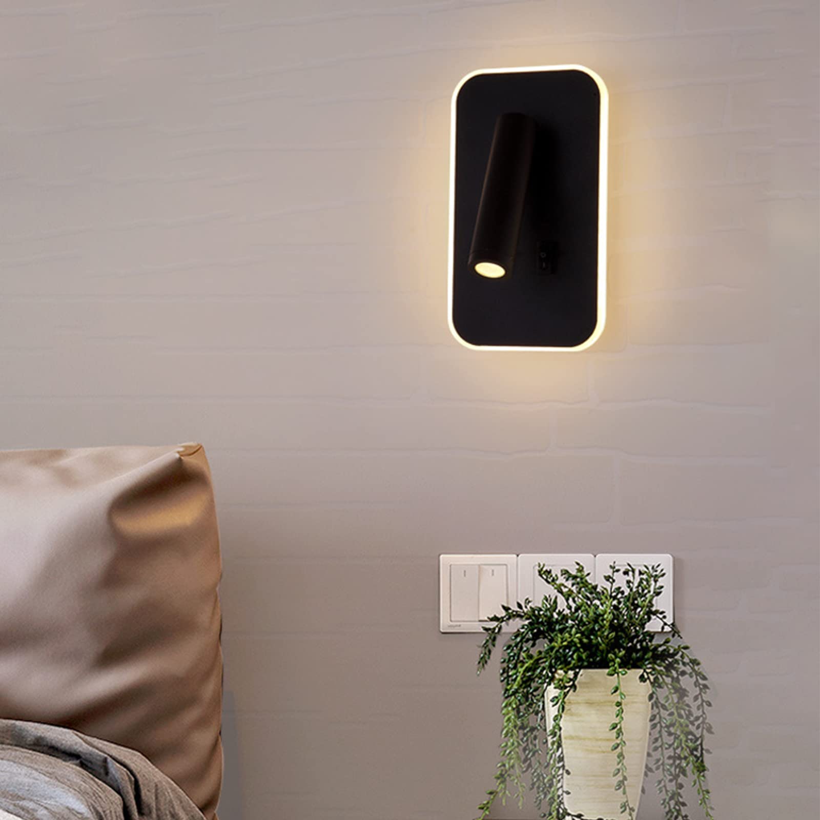 Applique LED, applique de lecture de chevet, liseuses murales LED 12W, spot orientable （3W + 9W 3000K lumière chaude） (rectangle noir 2PCS)
