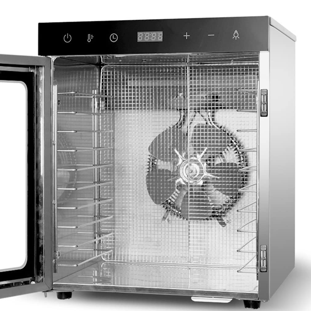Secadora de alimentos comercial con bandejas de acero inoxidable - 10 bandejas, temporizador ajustable y control de temperatura - para secar frutas, carnes y verduras - visible