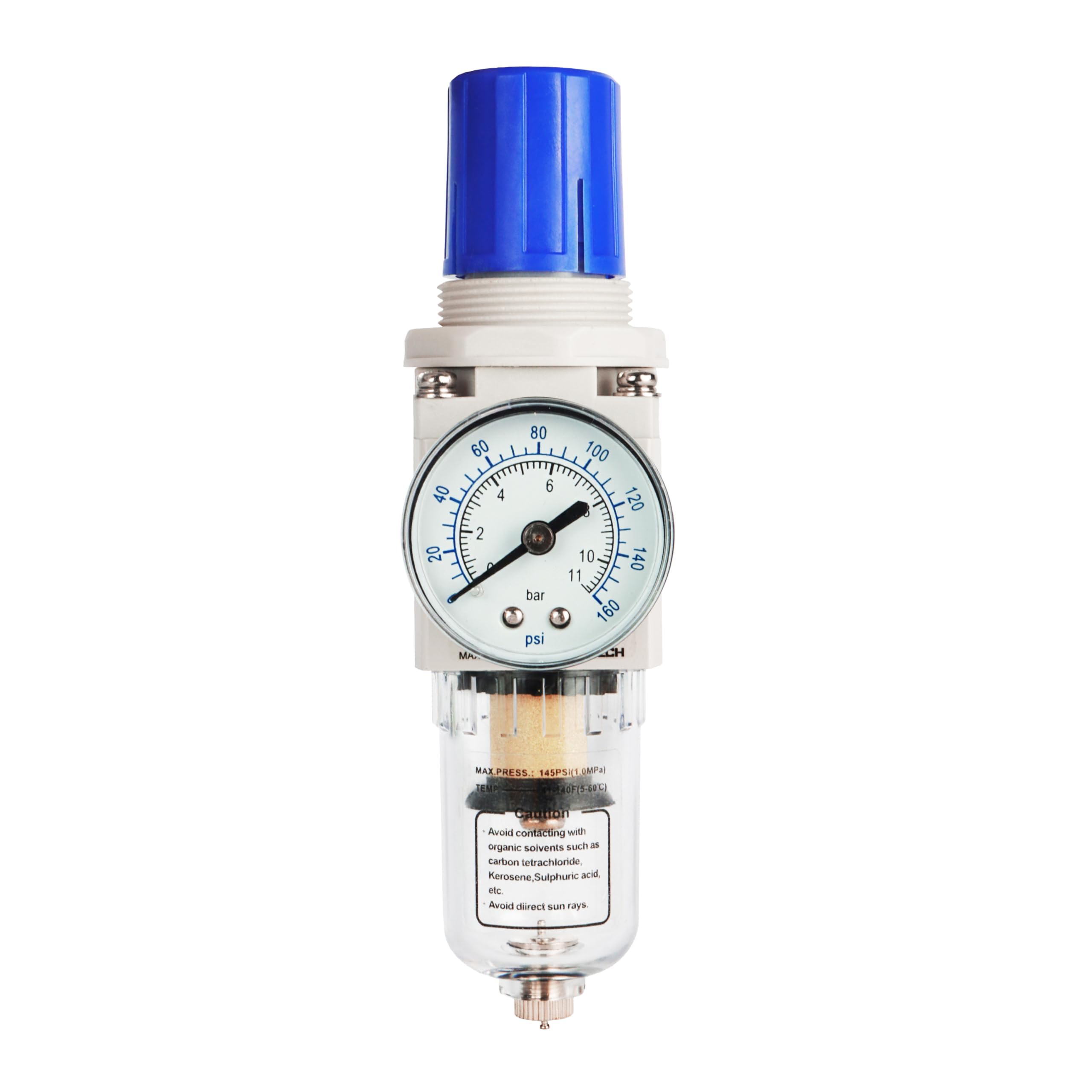 BLCH 1/4" BSP Kompressorregler - Druckregler und Lufttrockner AW2000-02 mit manueller Entwässerung, Polycarbonat-Behälter, Manometer (0-160 PSI) und 5μm Messingfilter.