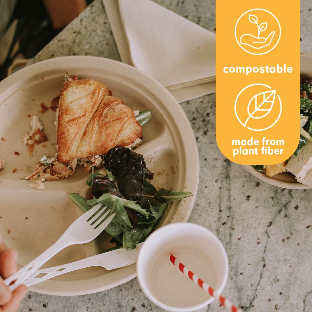 100% Compostable Disposable Paper Plates Bulk [10" 3-Comp 125 Pack], Bamboo Plates, Eco Friendly, Biodegradable, Sturdy Large Dinner Party Plates, Heavy-Duty, Unbleached by Earth's Natural Alternative - Image 4
