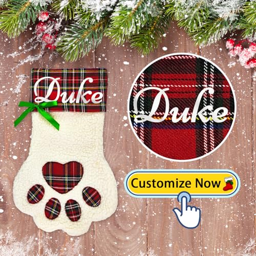 Personalized Christmas Stocking for Dogs, Customized Dog Pet Paws with Name, White Faux Sherpa with Red Plaid Cuff & Dog Bone Accents, Perfect for Festive Christmas Fireplace Hanging Decorations