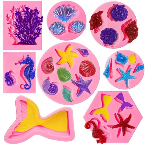 Elfkitwang Marine Theme Fondant Silicone Mold,Seashell,conch, Mermaid Tail,Seahorse,starfish,coral, DIY Handmade