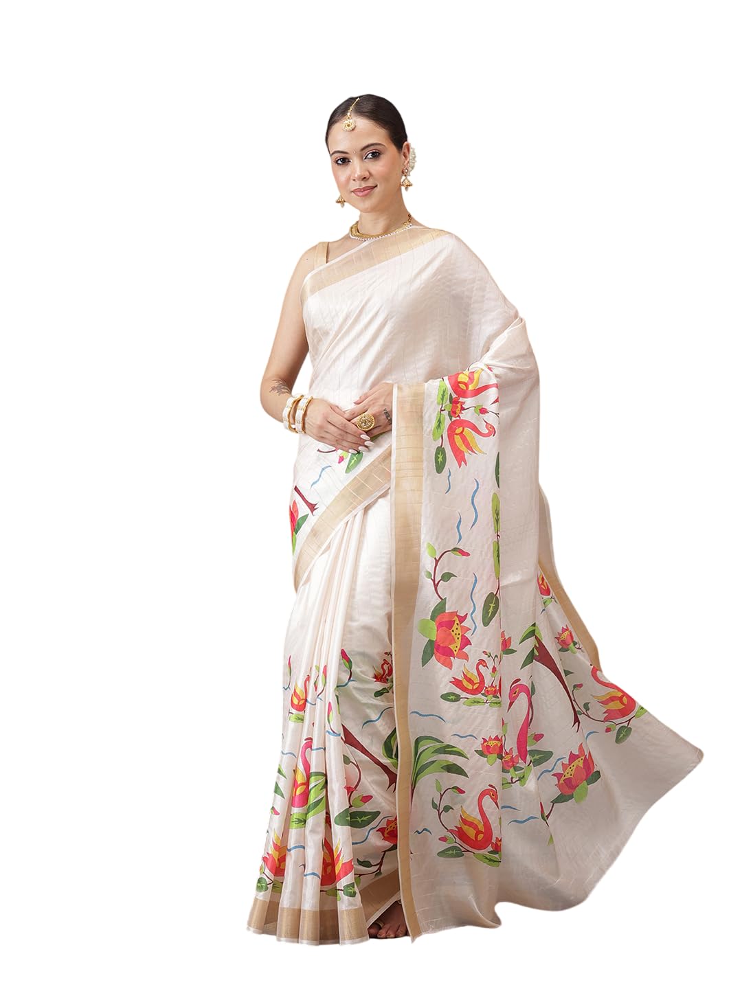 Digital Printed Soft Silk Kasavu Type Floral Saree With Printed Blouse-image-13
