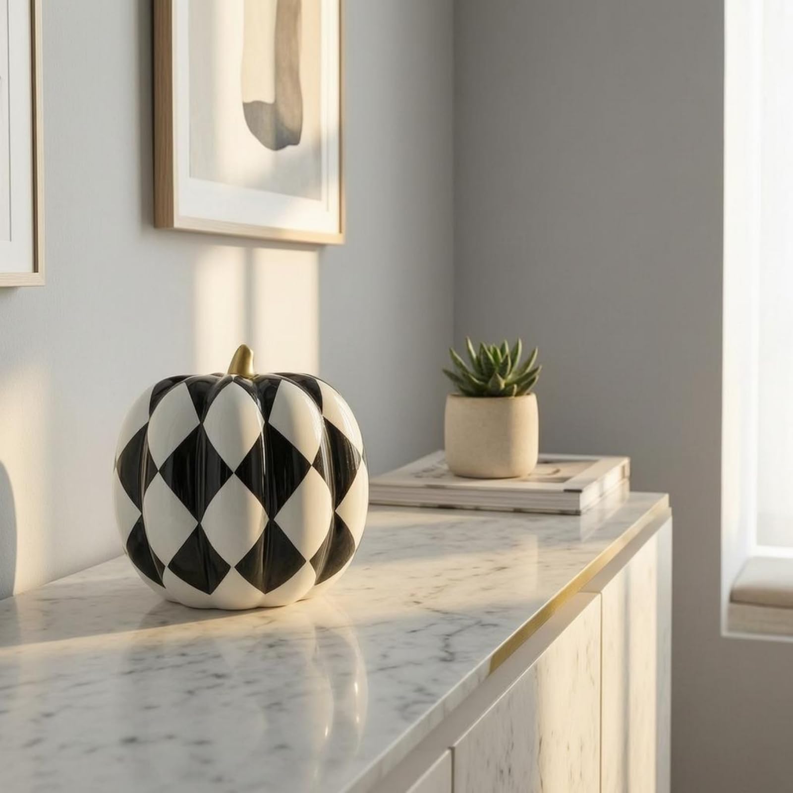 Qianly Figura di Zucca in Ceramica Ornamento da Casa Decorazione Zucca Scultura con Superficie Luminosa E Motivo a Quadri Adatta per Living Scaffalature Consolle Scene 22cmx21cm