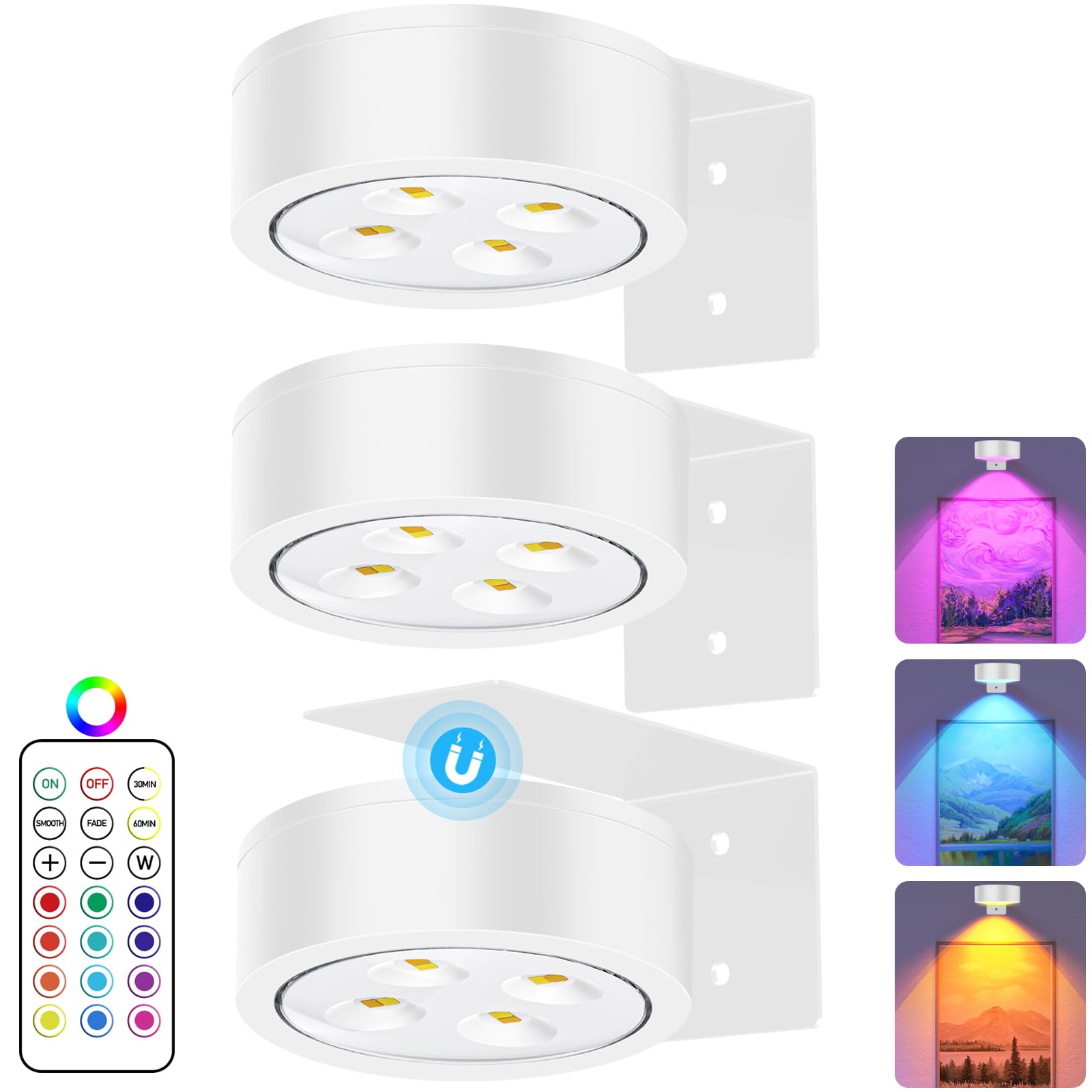 SIXDEFLY RGB Picture Light Battery Operated Painting Lights for Wall Wireless Magnetic Display Art Light with Remote Controls,Dimmable&Timer for Art Frame Artworking,3Pack White