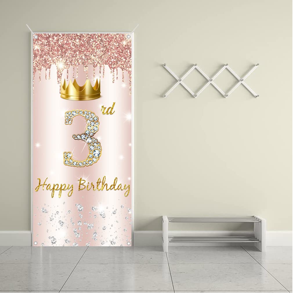 3. urodziny dziewczyna dekoracja, Happy 3 Birthday, baner do drzwi w kolorze różowego złota, 3. urodziny materiał szyld plakat dekoracja drzwi, baner, tło 3. urodziny baner, dekoracje urodzinowe