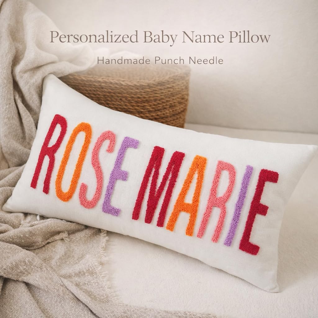 mia'spillow lab Personalized Kids Name Pillow, Embroidered Nursery Throw Pillow, Handmade Punch Needle Baby Room Decor Cushion, Textured Name Cushion, Birthday Gift Idea, Toddler Room Decor image 2