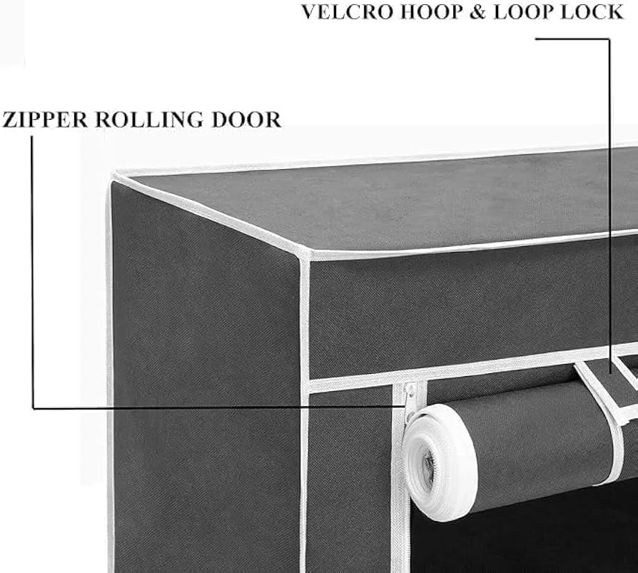 Image of Easy Buy 4 Shelves Shoe Rack Plastic Grey with Zip Door Cover & Side Pockets, Multiuse Storage Rack for Footwear, Toys, Clothes with Dustproof Cover 4 Shelves