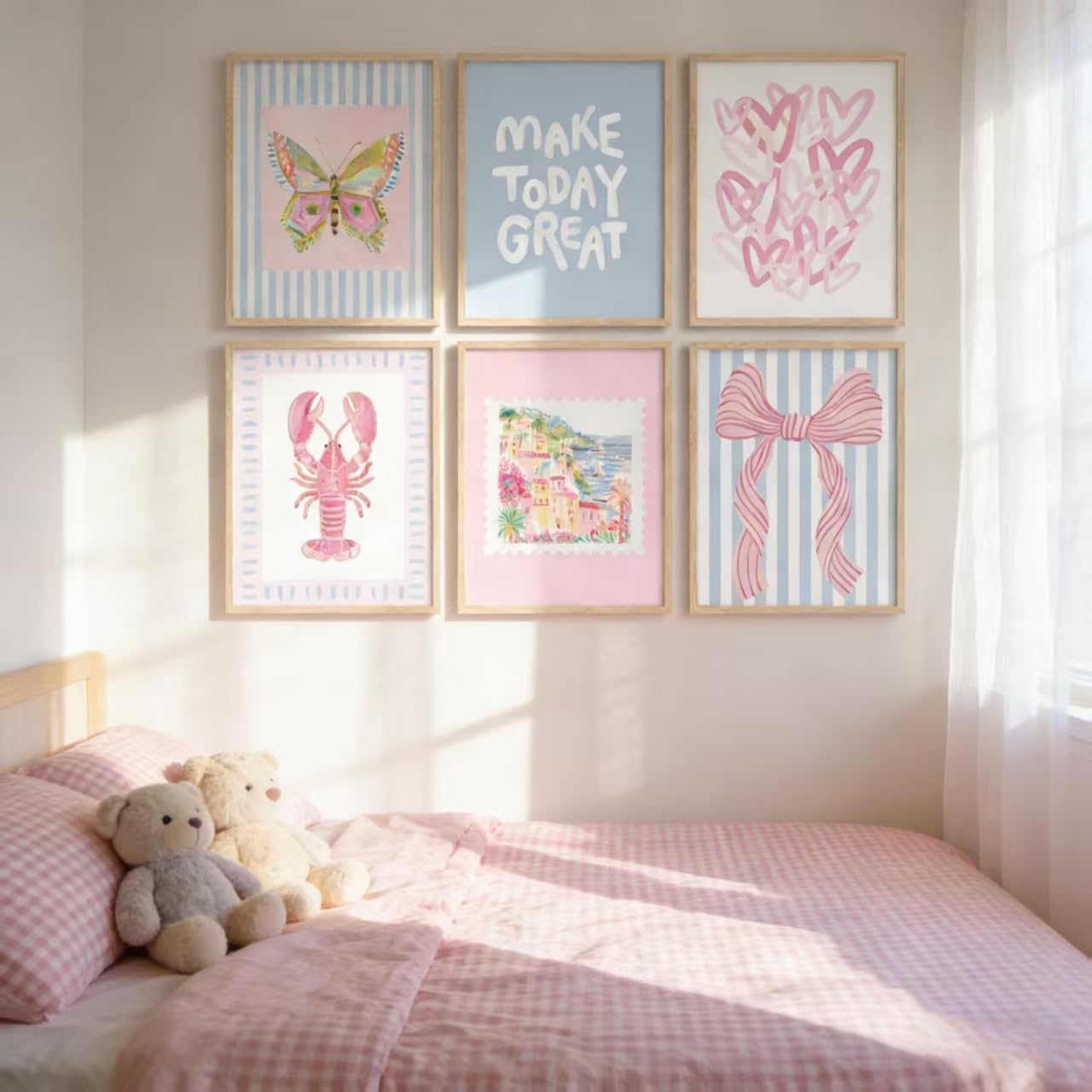 6Pcs Unframed Pink Blue Beach Wall Art Trendy Coastal Granddaughter Wall Decor Picture Summer Preppy Lobster Bow Canvas Posters Prints for Girls Apartment Dorm Home Decorations