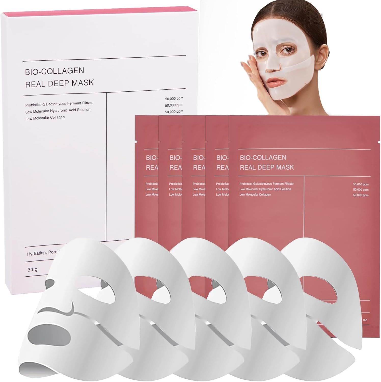5 Pcs Bio Collagen Mask, Bio-Collagen Real Deep Mask, Bio Collagen Mask Overnight, Bio Collagen Mask, Deep Moisturizing and Anti-Aging Facial Sheet Mask, Hydraterend Overnight Masker (A)