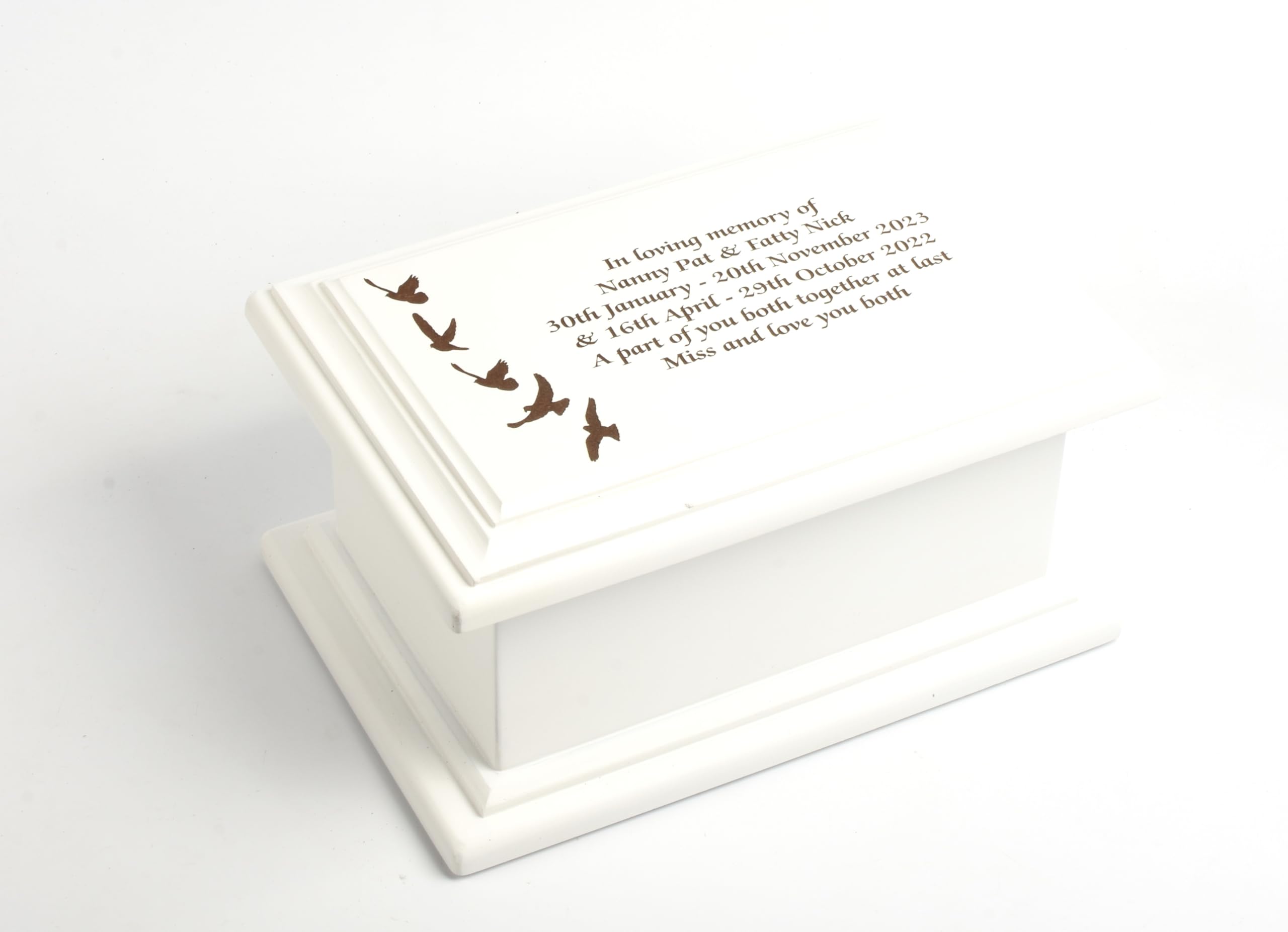 MDF White Painted Casket Urn Box – Refined Memorial Ashes Container with Secure Screw Bottom – Peaceful Tribute Design (Large, Flying Bird)