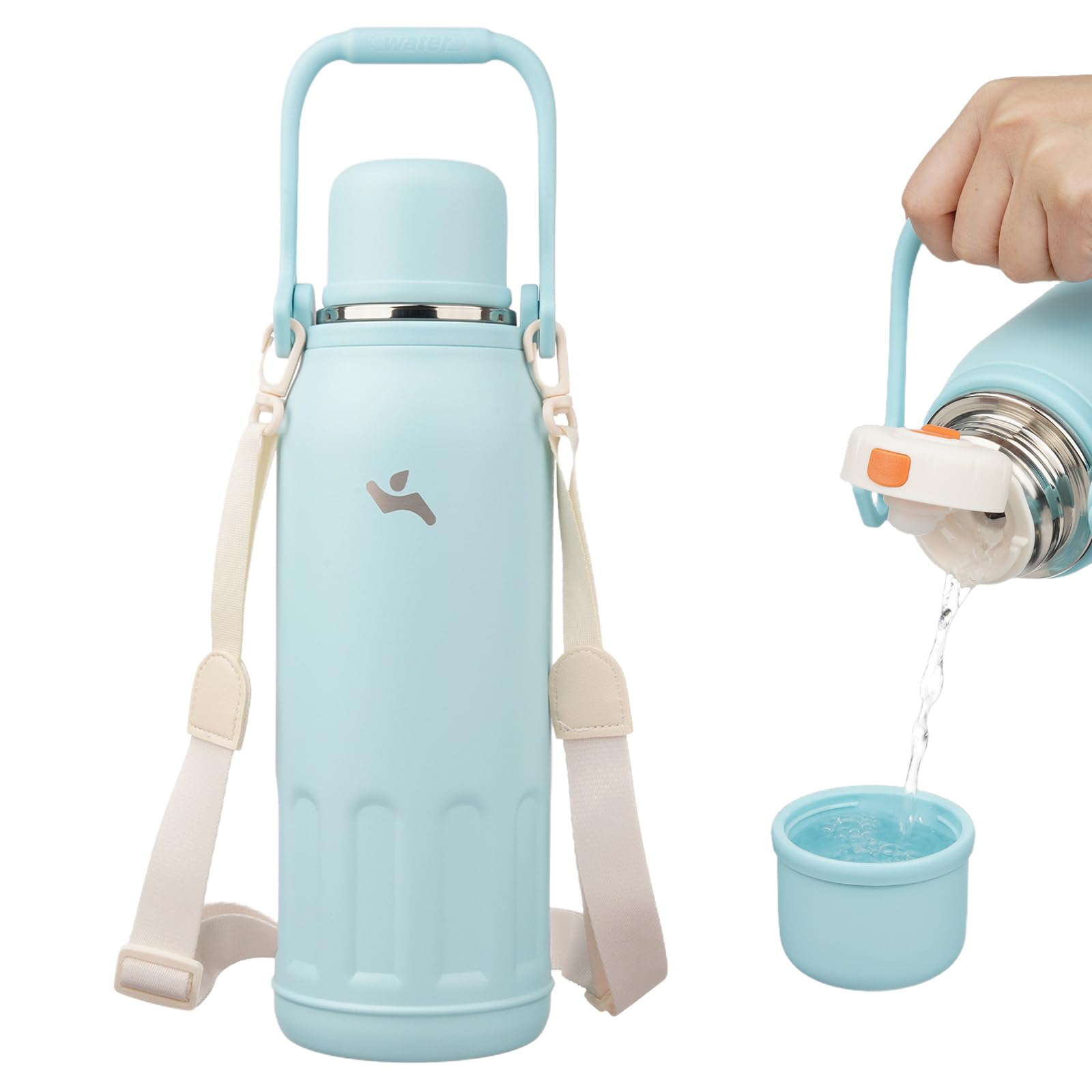 Insulated Water Bottle with Handle and Strap,Vacuum Travel Tumbler with Cup Lid,Thermo Coffee Cup for Hot Cold Drinks 50 OZ,Cyan Blue