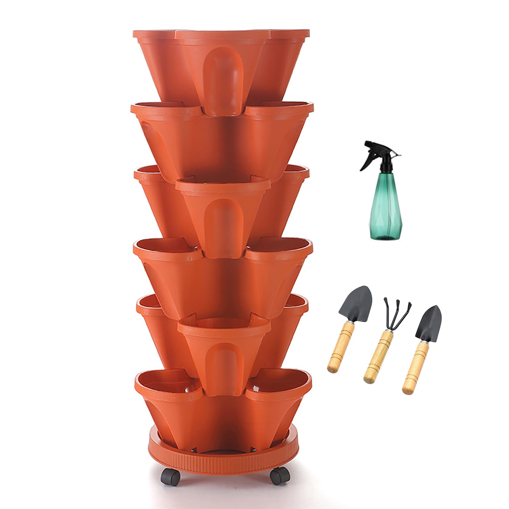 Nnycc Brown 6 Tier Stackable Strawberry Planter With Movable Casters,4-Way Vertical Garden Tower For Plants Vegetables Flowers,