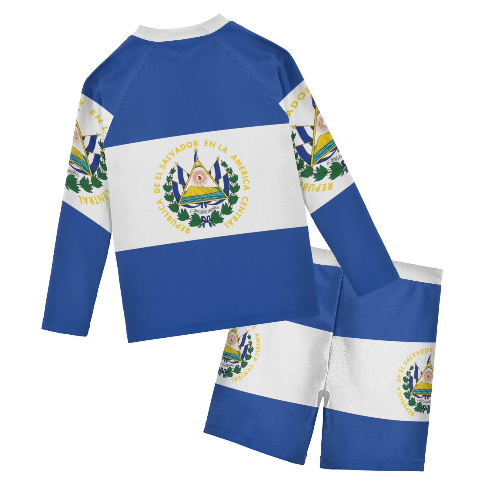 Aflyko Patriot Boys Girls Rash Guard Set Flag of El Salvador Swim Outfit Pollover Bathing Suit Fishing Sun Shirt Quick Dry Swimming Surfing Shorts, 9-10T Multicoloured
