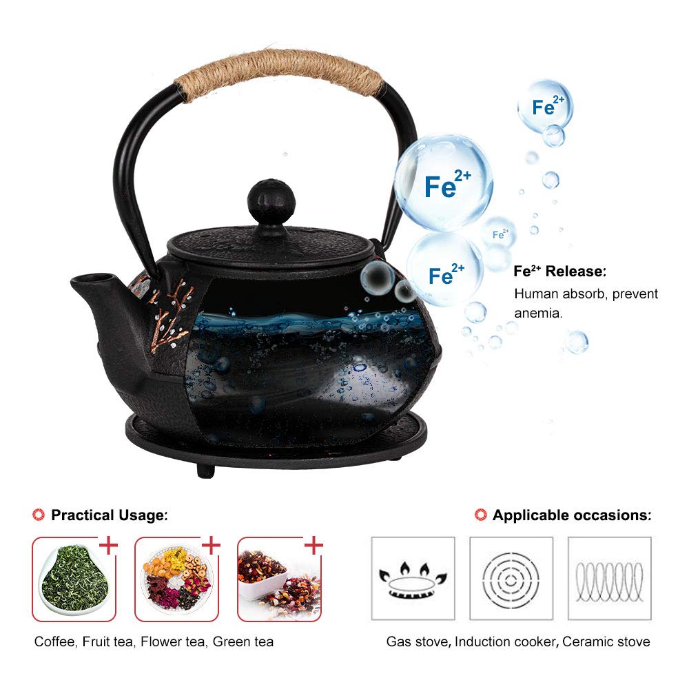 Teekessel aus Gusseisen mit Teetassen Untersetzer japanischer Stil TetsubinTeekessel mit Teesieb Eisen Teeset Geschenk für Erwachsene Vater Mutter Familie (schwarz Elster auf der Pflaume Design)