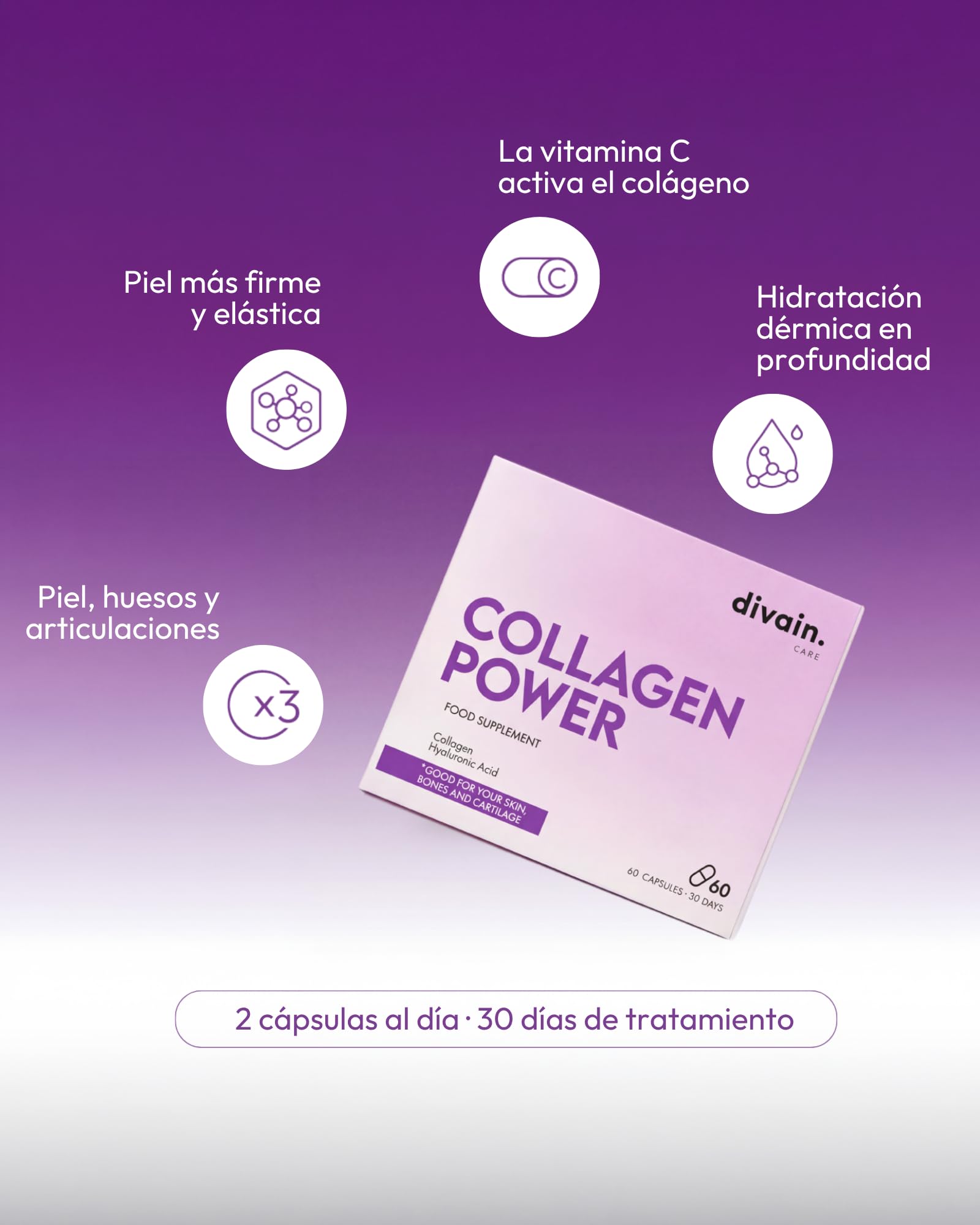 Colágeno Hidrolizado con Ácido Hialurónico, Vitamina C y Zinc | Fórmula 4 en 1 | 60 Cápsulas | Collagen Power | divain. Care