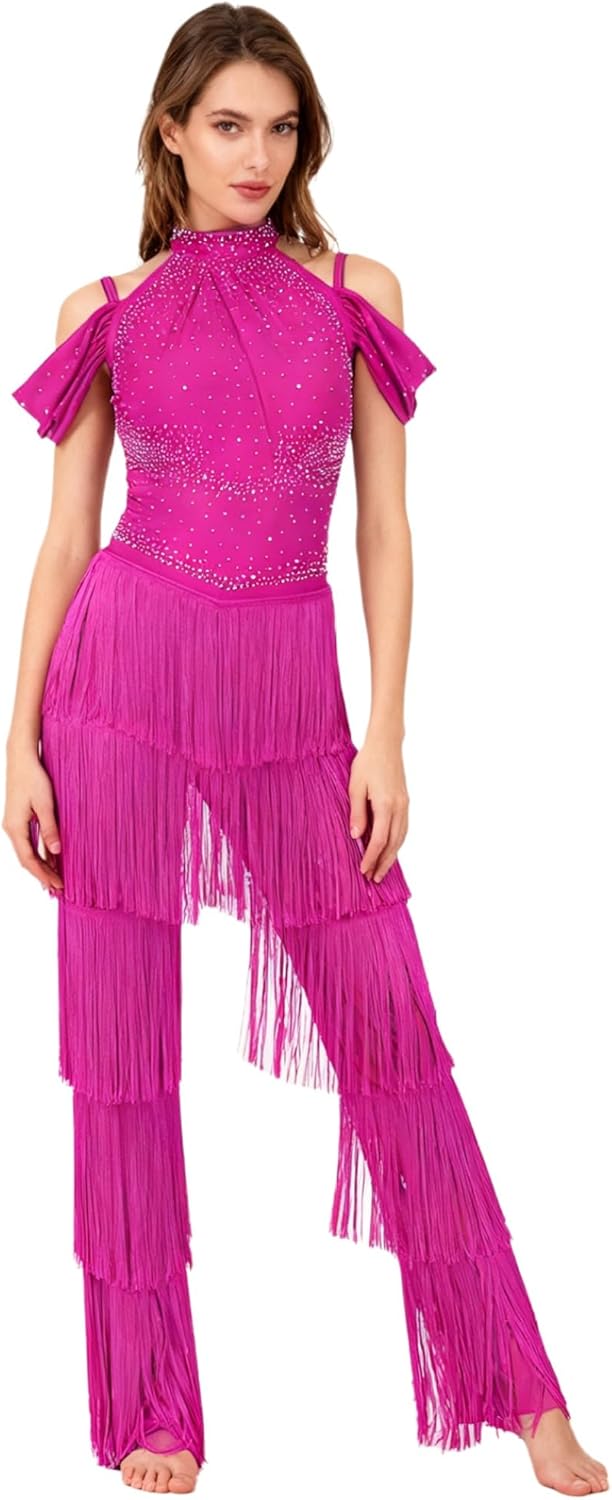 Women Latin Dance Costume Off Shoulder Fringe Jumpsuit Legging Pants Rumba Salsa Ballroom Dancewear