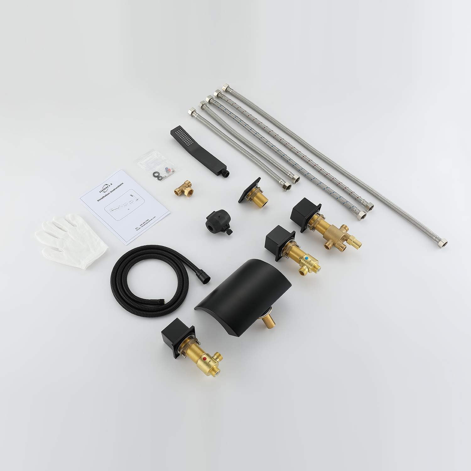 Free Shipping Offer Hanallx Roman Tub Filler Waterfall Tub Faucet Black Deck Mount Bathtub Faucets Brass 5 Holes Bathroom Faucets with Handheld Shower