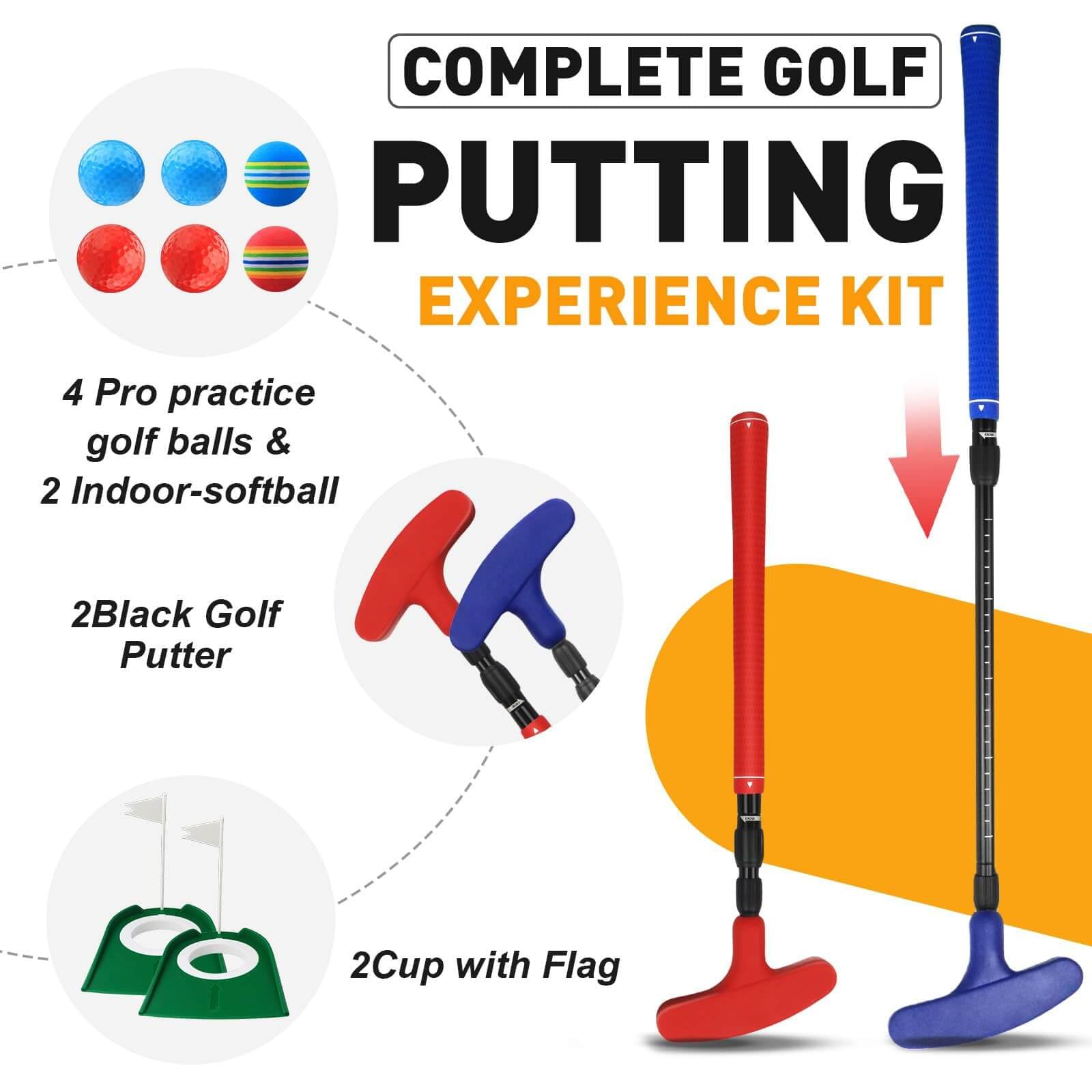 Verstellbarer Golf Putter Set (Rot & Blau) - Beidhändig für Links- & Rechtshänder, Mini Golfset, Professionelle Golf Trainingshilfen & Golf Zubehör für Kinder & Junioren