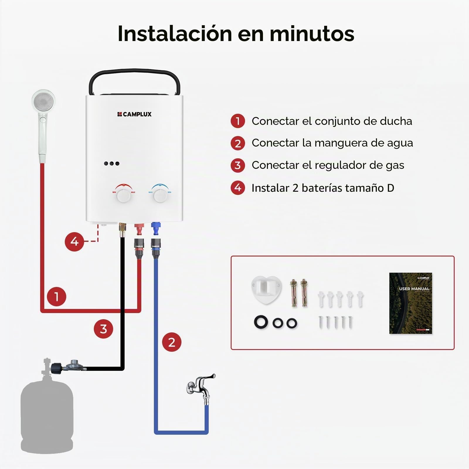 Camplux AY132 Calentador de Agua a Gas, con Asa Plegable Portátil, 5L/min,10kW, LPG