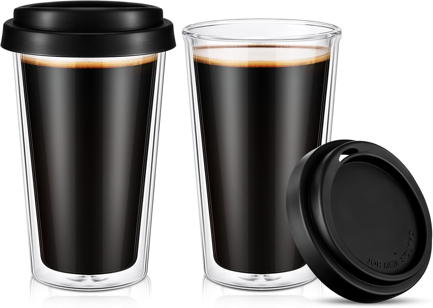 Honeydak 2 Pack 16 oz Double Walled Glass Coffee Mugs with Silicone Lids Clear Insulated Glass Travel Cups Reusable Hot and Iced Coffee Tumblers for Travel Home Office