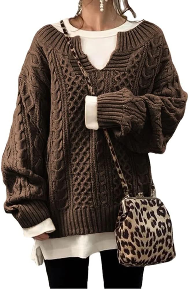 chouyatou Women’s Winter Chunky V Neck Long Sleeve Loose Cable Knit Sweater Pullover